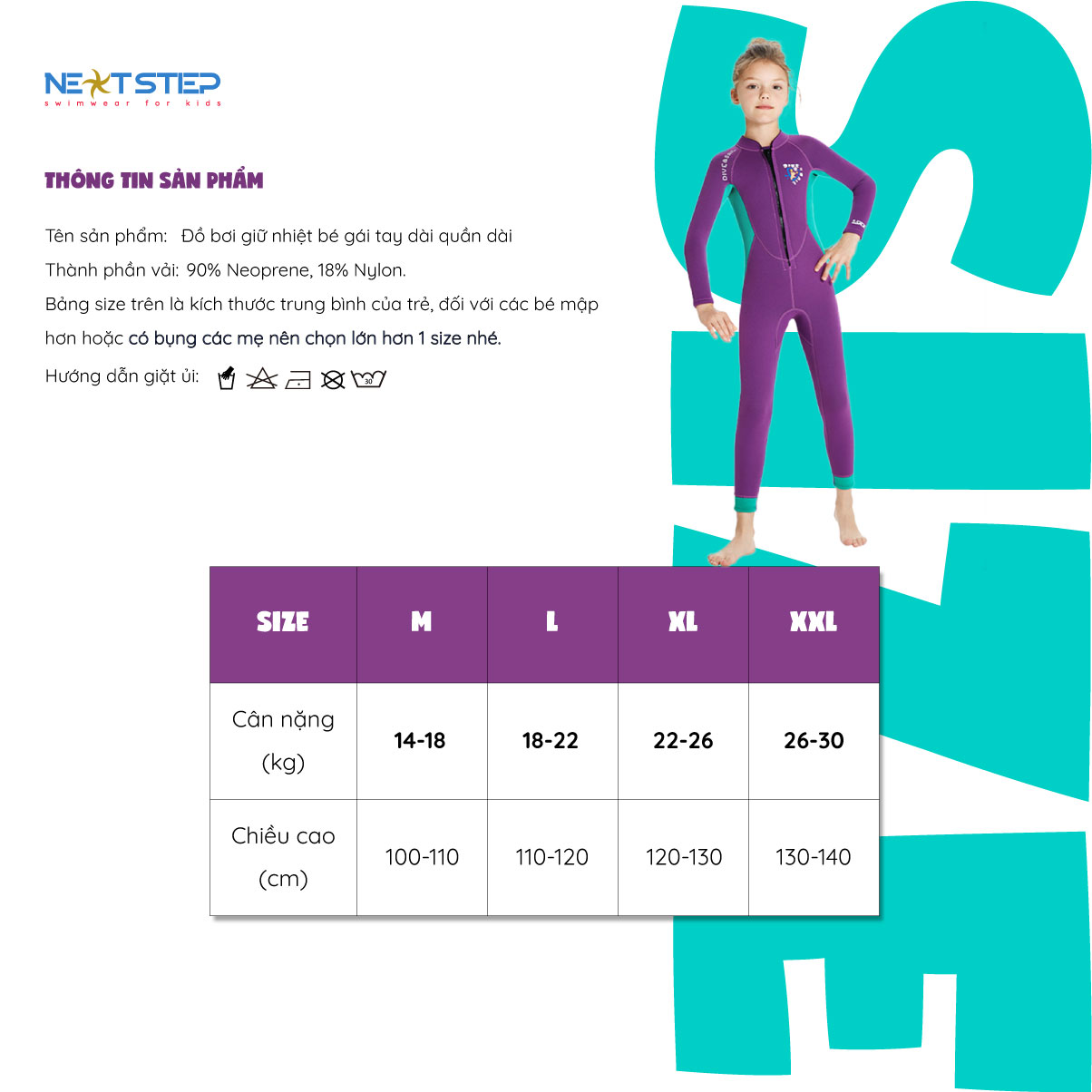 Đồ bơi giữ nhiệt cho bé gái chống nắng UPF50+ chống thấm nước, cao su Neoprene dày 2.5mm bảo vệ tốt cho bé