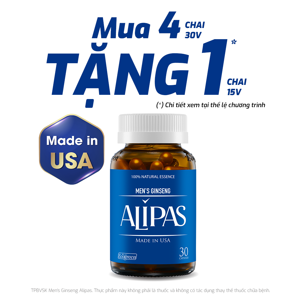 [Tặng Hộp 15v] Combo 4 Hộp 30v - Viên Uống Hỗ Trợ Sinh Lý Nam ALIPAS Ecogreen Tăng Cường Testosterone, Chứa Tinh Chất Hàu