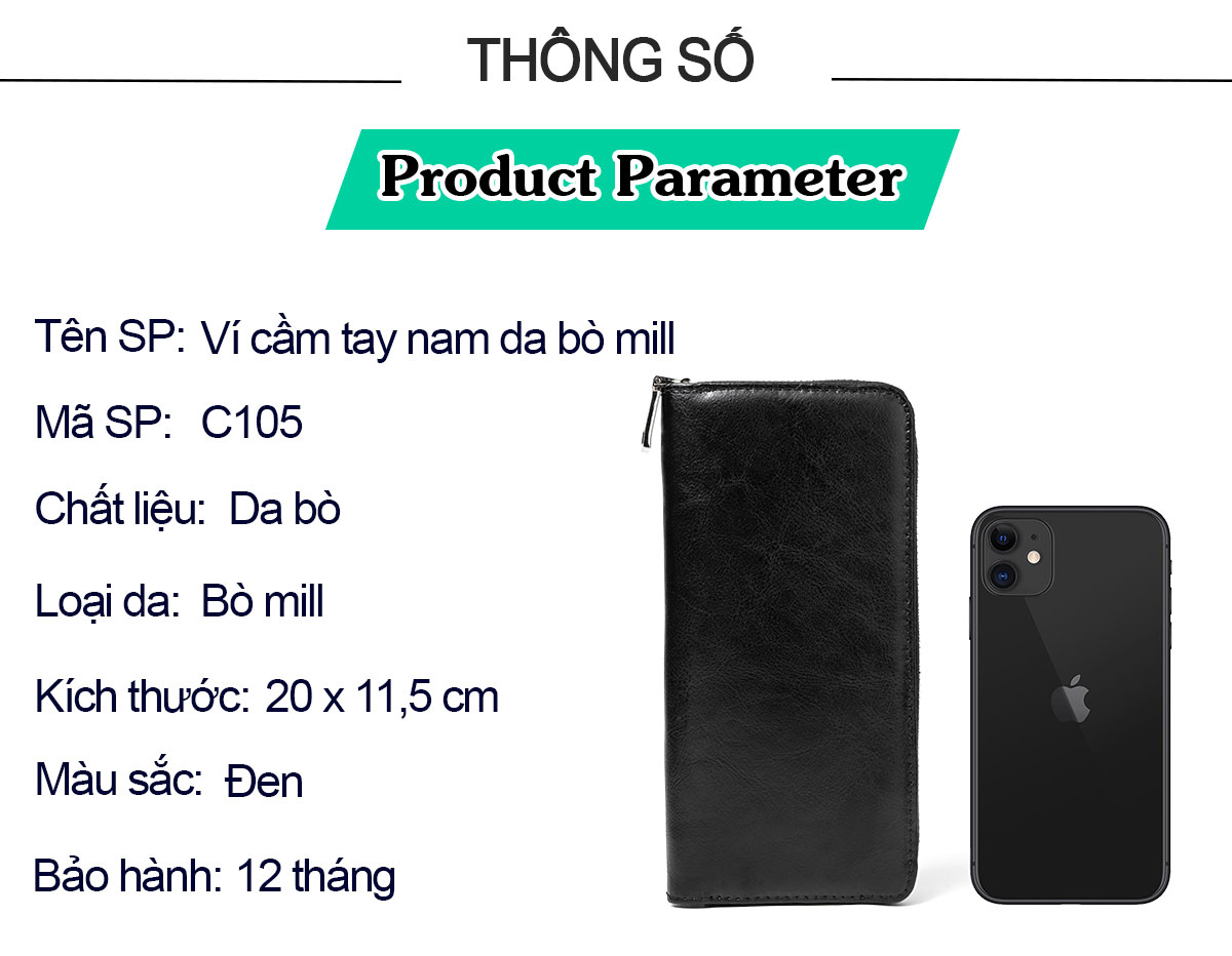 Ví dài cầm tay da bò Mill cao cấp Bụi Leather C105 - Bảo hành 12 tháng
