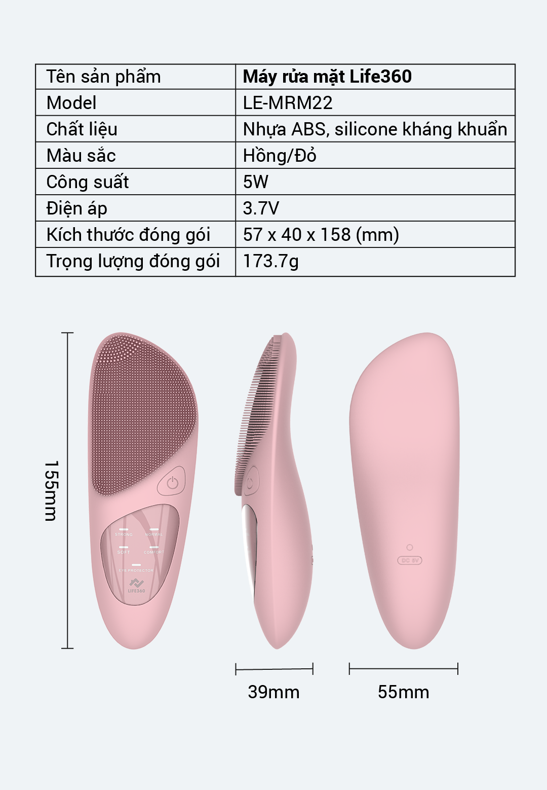 Máy Rửa Mặt Silicone Siêu Mềm Life360 LE-MRM22 với 5 Chế Độ Rửa Mặt Sạch Sâu, Massage và Chườm nóng vùng mắt - Đỏ