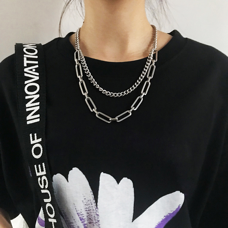 Dây chuyền vòng cổ nam nữ 2 lớp xích vuông cá tính