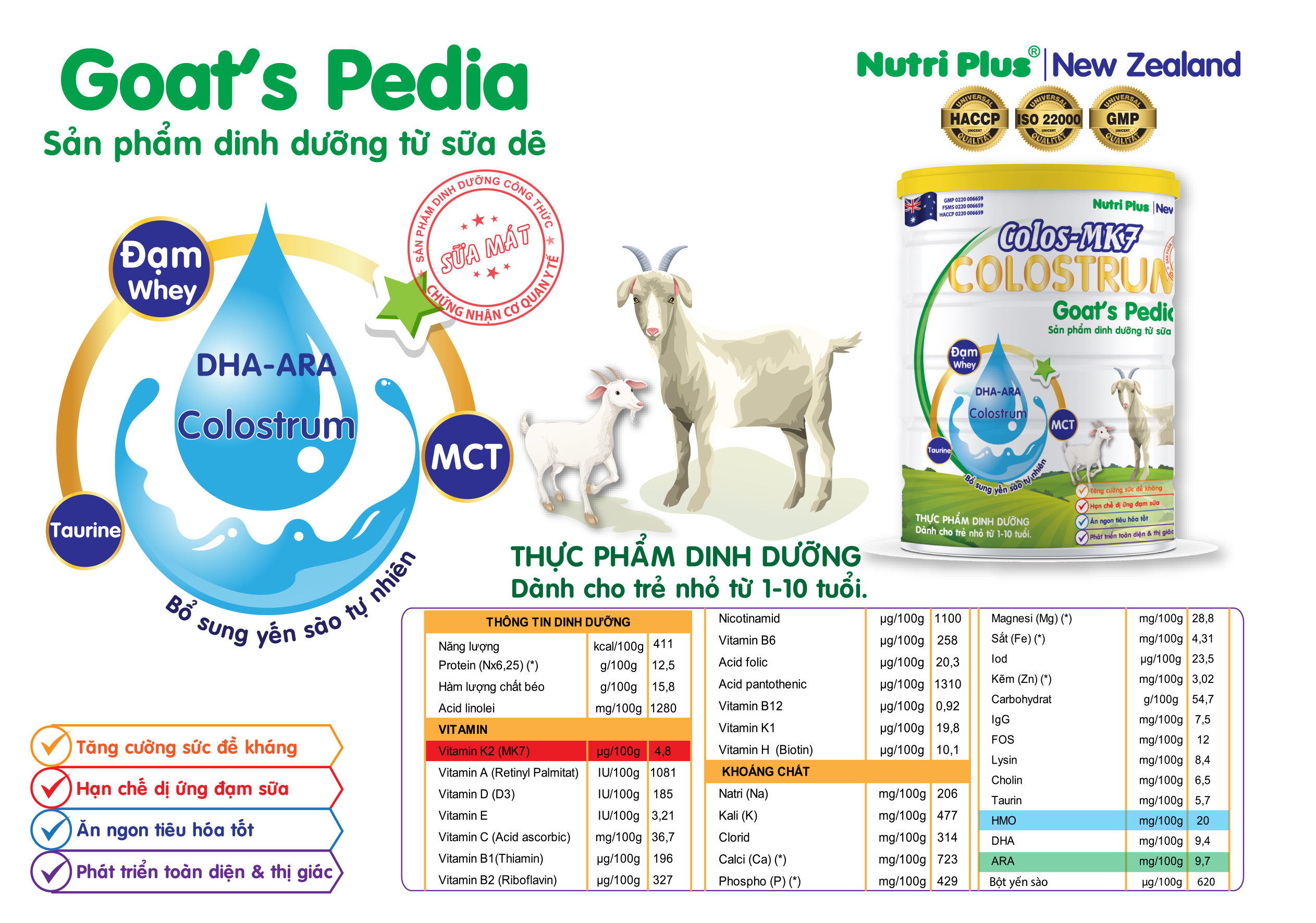 Sữa bột dinh dưỡng Colos Mk7 GOAT'S PEDIA sữa dê giúp bé phát triển toàn diện trí não và thị giác từ 1-10 tuổi NUTRI PLUS-900G
