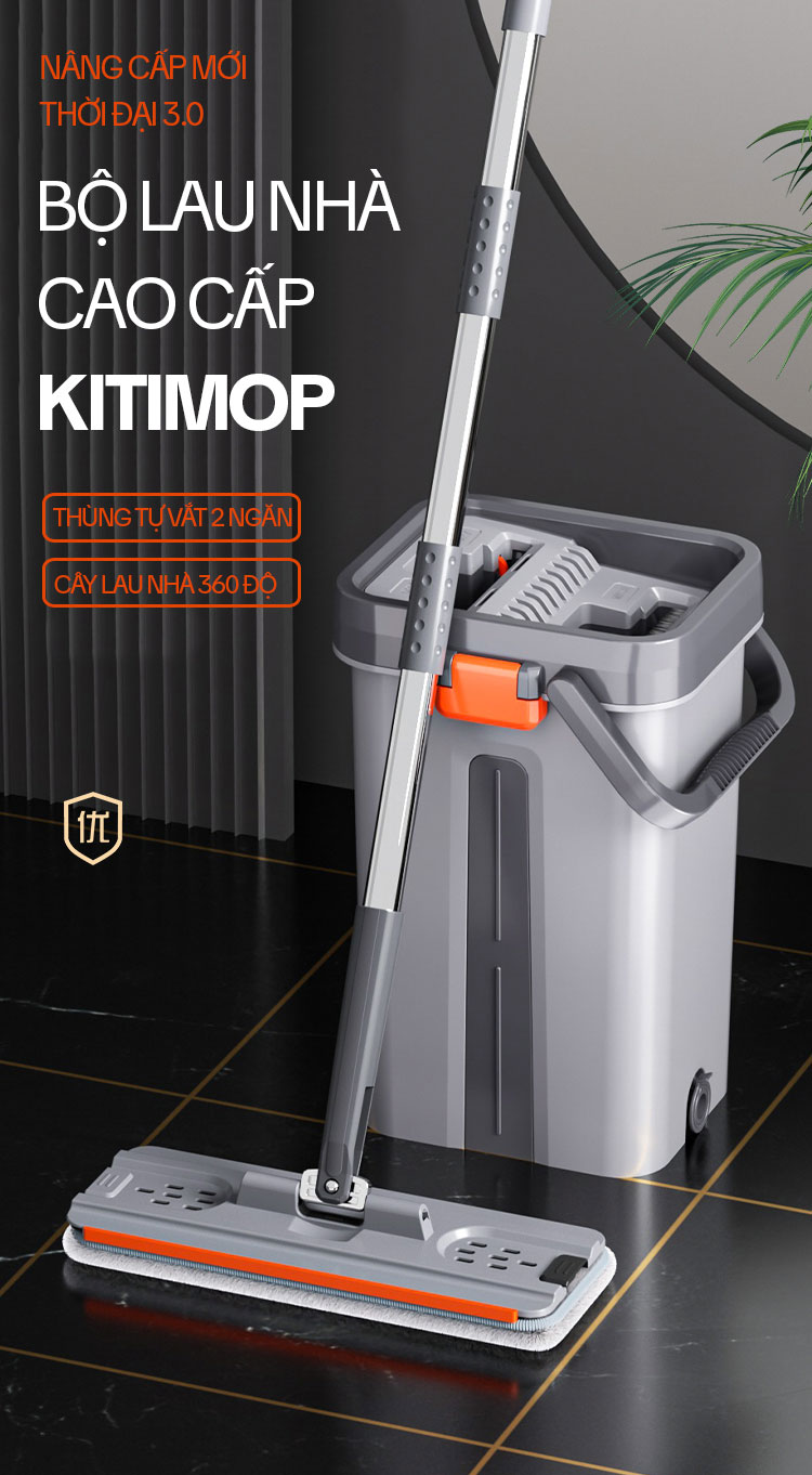 Bộ Cây Lau Nhà KITIMOP SM33 PRO, Thùng Lau Nhà Tự Vắt Thông Minh, Chổi Lau Nhà Xoay 360 Độ, Lau Sàn Làm Sạch