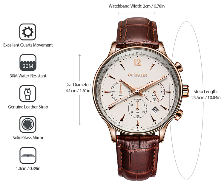 OCHSTIN New Luxury Brand Genuine Leather Men Business Watch Quartz Analog Water-Proof Mans Wristwatch Chronograph - Cool white