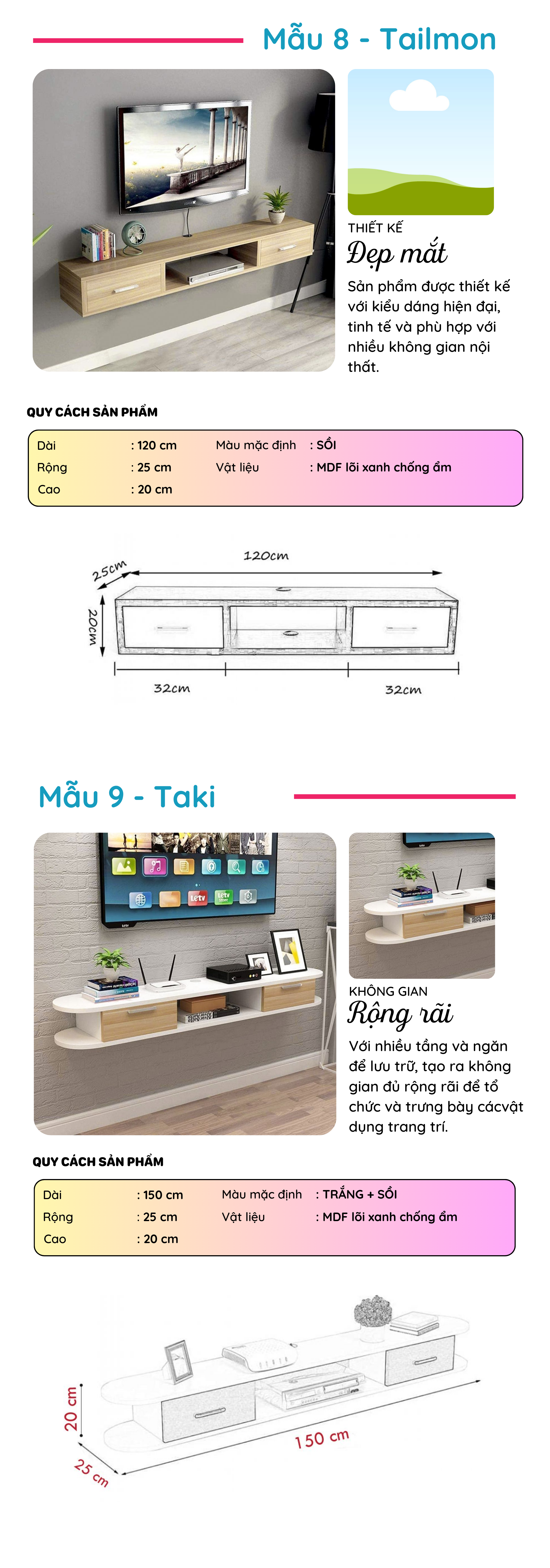 Kệ Tivi Treo Tường Phong Cách Hiện Đại Thương Hiệu SMLIFE (Nhiều mẫu, có thể đổi Size và màu sắc)