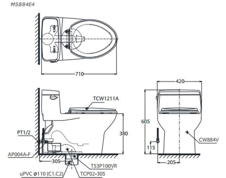 Bàn Cầu Nắp Rửa Eco-Washer Toto MS884E4 Một Khối Nắp Cơ