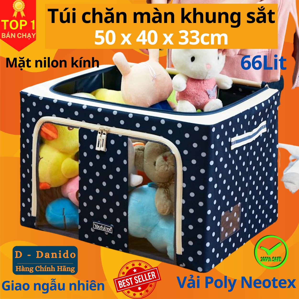 Túi vải đựng quần áo chăn màn khung sắt gấp gọn cỡ đại 66L - Túi vải đựng đồ đa năng chống thấm nhiều mẫu mã, họa tiết cao cấp - Hàng chính hãng D Danido