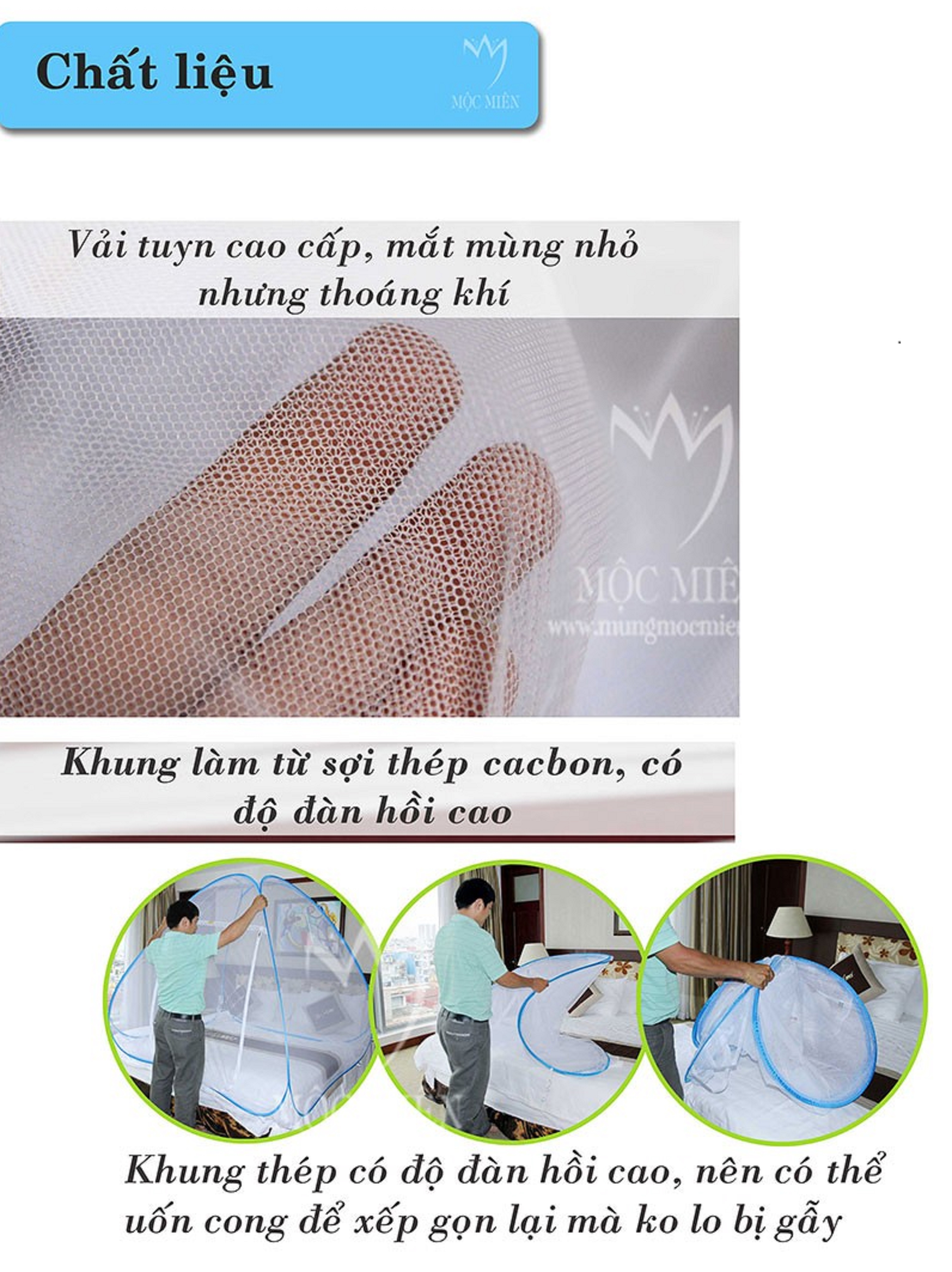 Màn chụp tự bung đỉnh tù cao cấp Mộc Miên loại 1,6m x2m -1 cửa