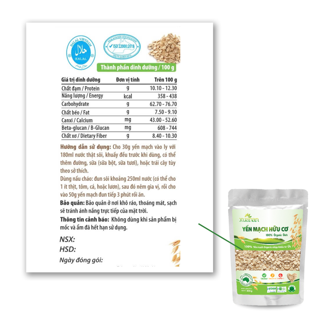 Yến Mạch Hữu Cơ Xuân An [ko đường] Túi 400G (Tặng Kèm 1 Túi Yến Mạch 150G)