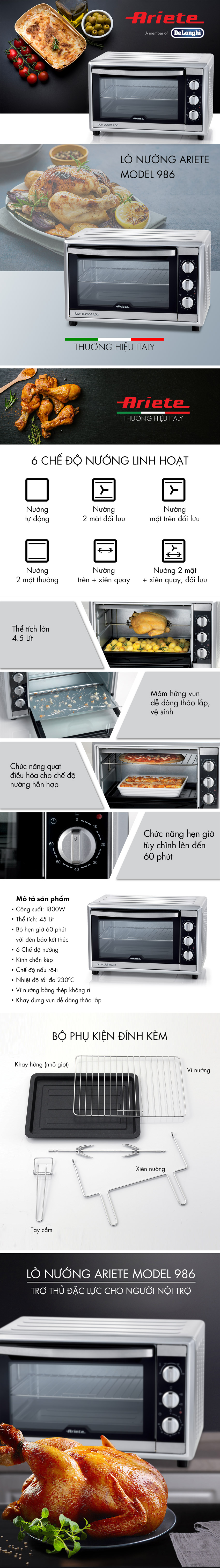 Lò Nướng Ariete MOD.0986 (45L) – Hàng Chính Hãng