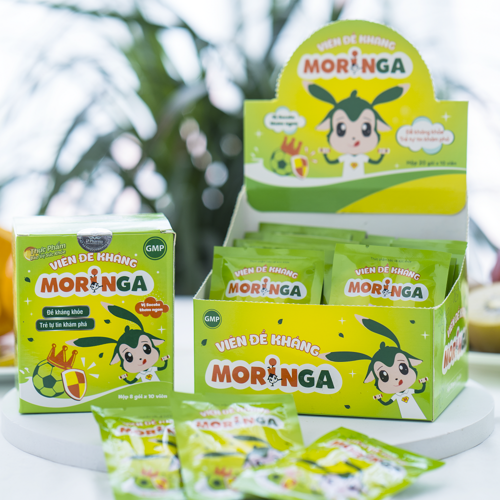 Viên đề kháng Moringa - Giúp tăng sức đề kháng, giảm nguy cơ mắc các bệnh đường hô hấp cho trẻ em - Hộp 8 gói 4