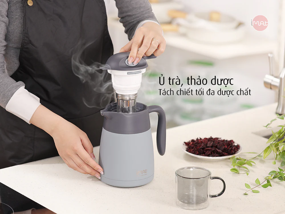Bình ủ nhiệt iMat có phin lọc 1200ml màu xanh xám, ruột bình, phin lọc Inox 304