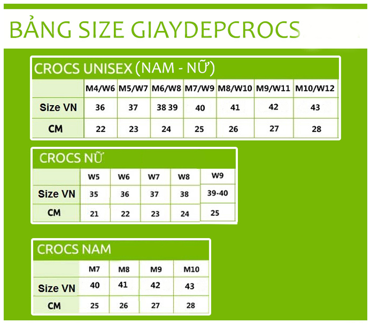 size giay crocs