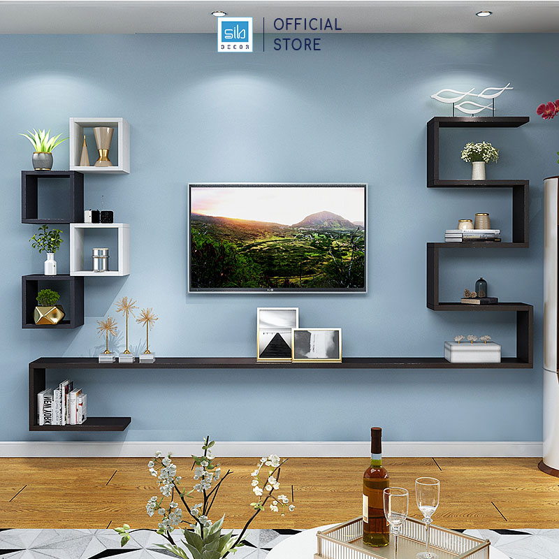 Kệ Tivi Treo Tường Phòng Khách Hiện Đại Gồm Khối Zic Zac Và 4 Ô Vuông SIB Decor BST89