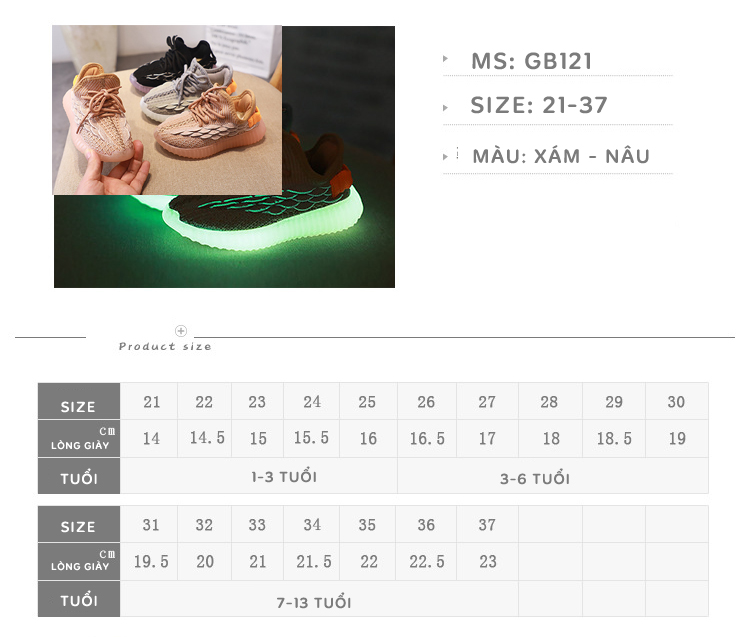Bảng size giày thể thao cho bé