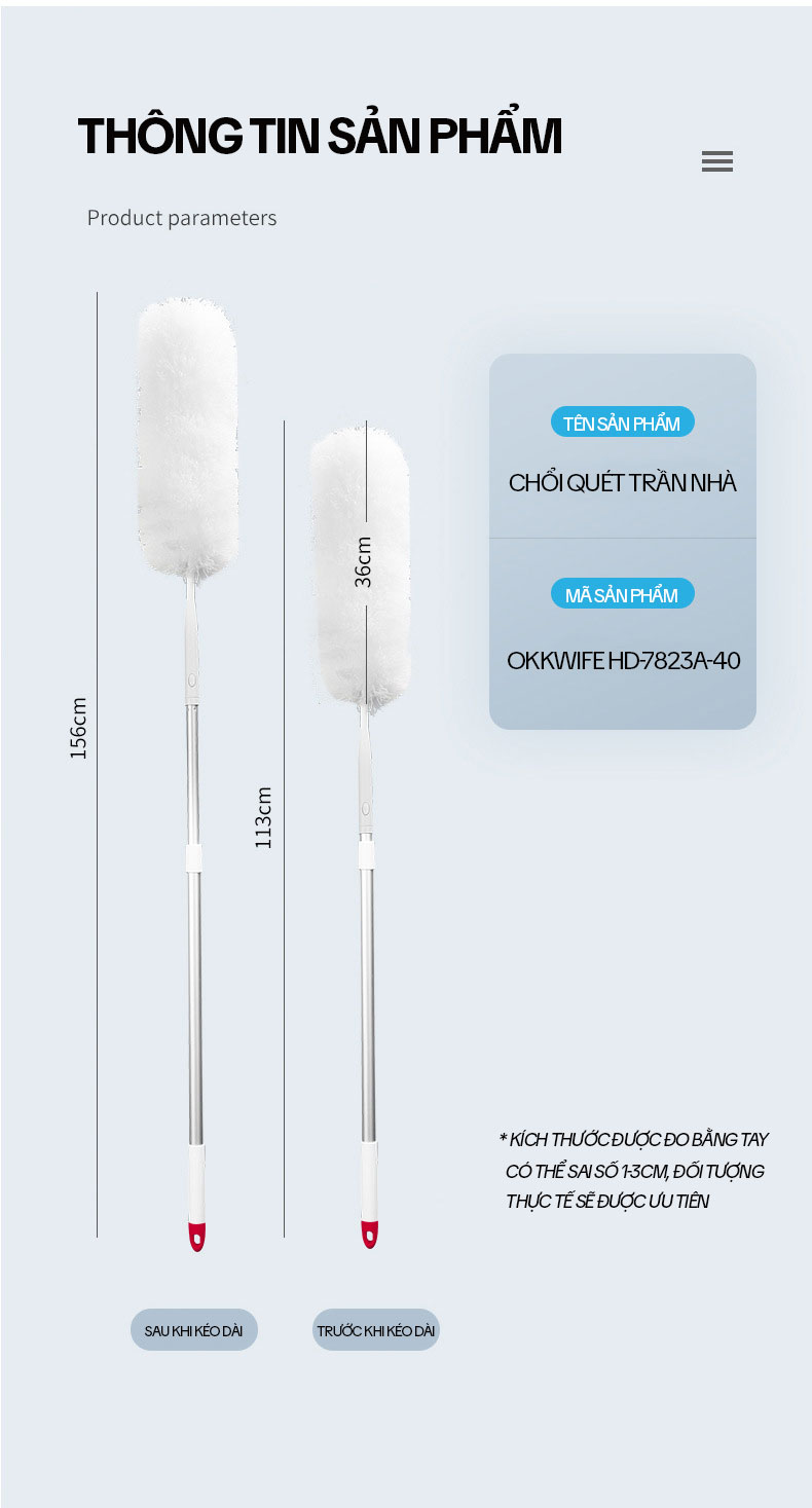 Chổi Quét Trần Nhà OKwife HD-7823A-40, Cây Quét Mạng Nhện Đa Năng, Chổi Lông Quét Bụi Trần Nhà