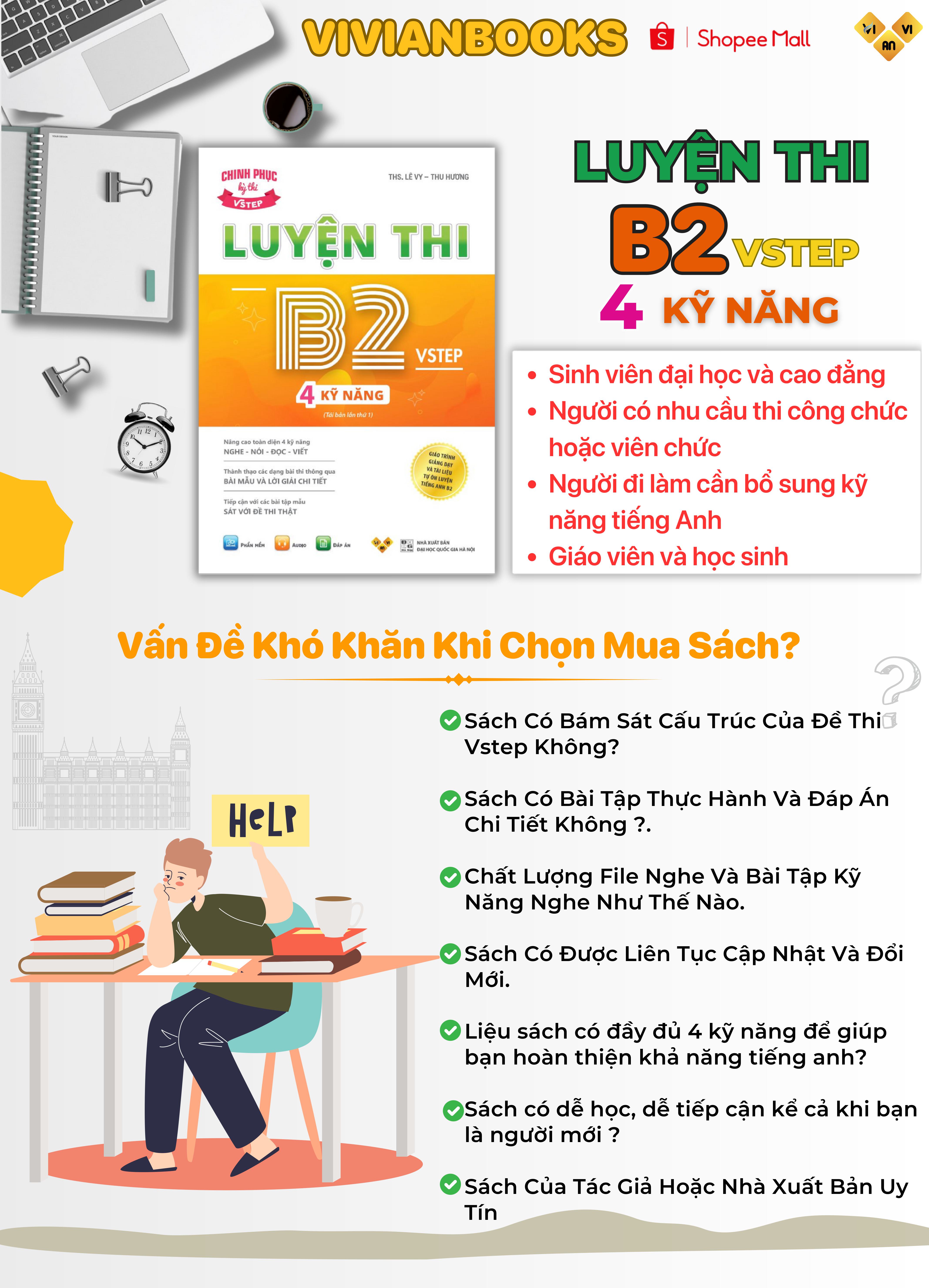 Sách Luyện thi B2 Vstep 4 kỹ năng - Ôn thi chứng chỉ tiếng Anh bậc 4 (bằng B2 tiếng Anh) khung năng lực Ngoại ngữ 6 bậc Việt Nam