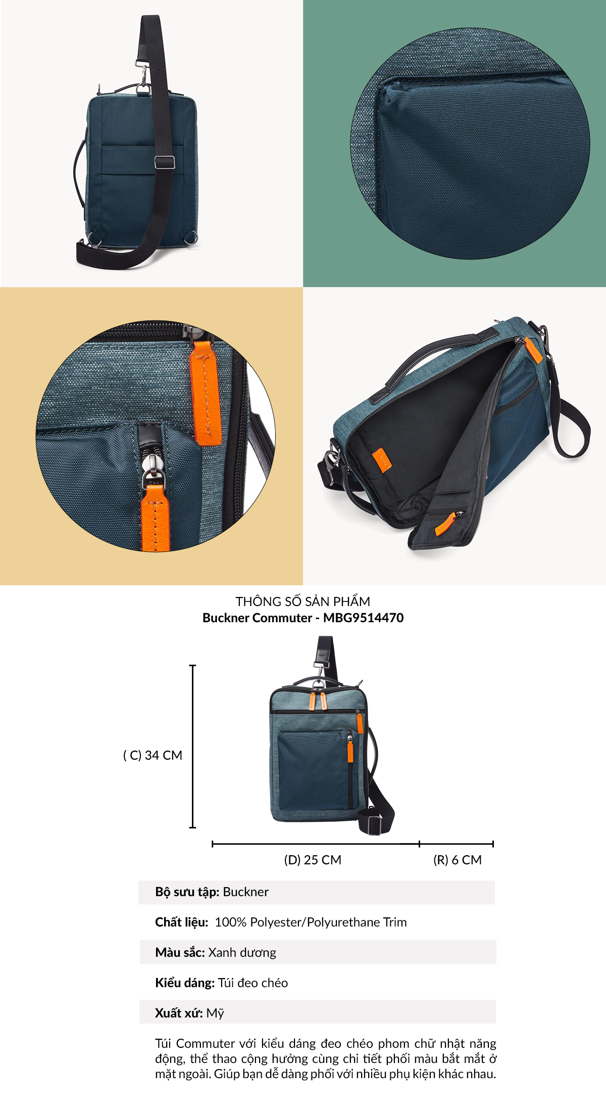 Túi đeo vai nam thời trang Fossil Buckner Commuter MBG9514470 - màu xanh