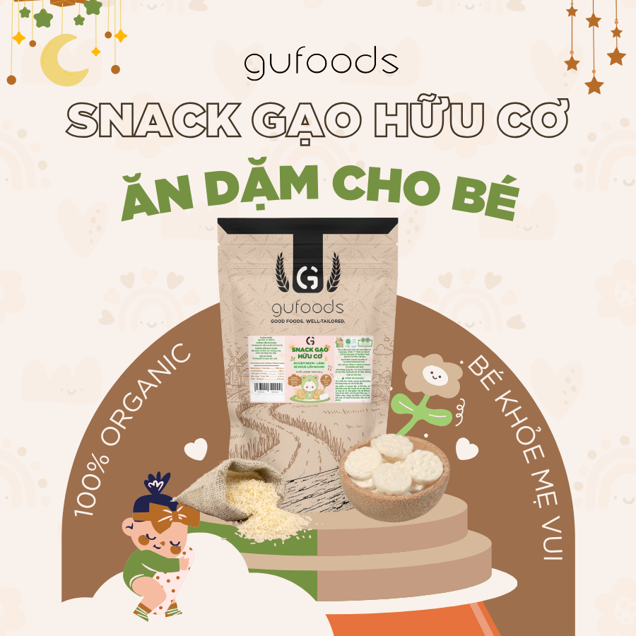 Bánh snack ăn dặm hữu cơ cho bé GUfoods - Thành phần gạo organic, Không gia vị, Dễ Tiêu hoá, Phù hợp cho bé từ 1 tuổi