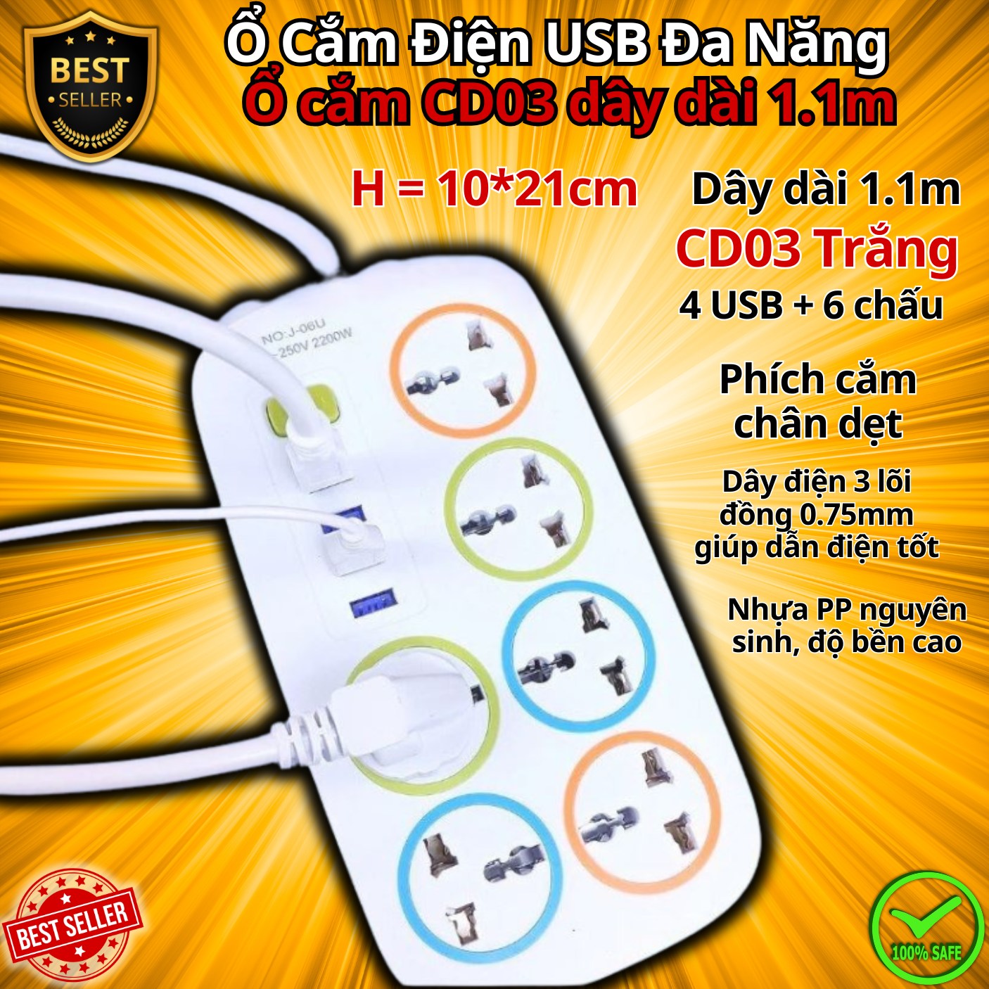 Ổ Cắm Điện USB Đa Năng Cao Cấp Chống Giật Dây Dài 0.9m – 1.1m và 1.8m, Ổ Cắm Điện Công Suất 2500W Có Chốt An Toàn