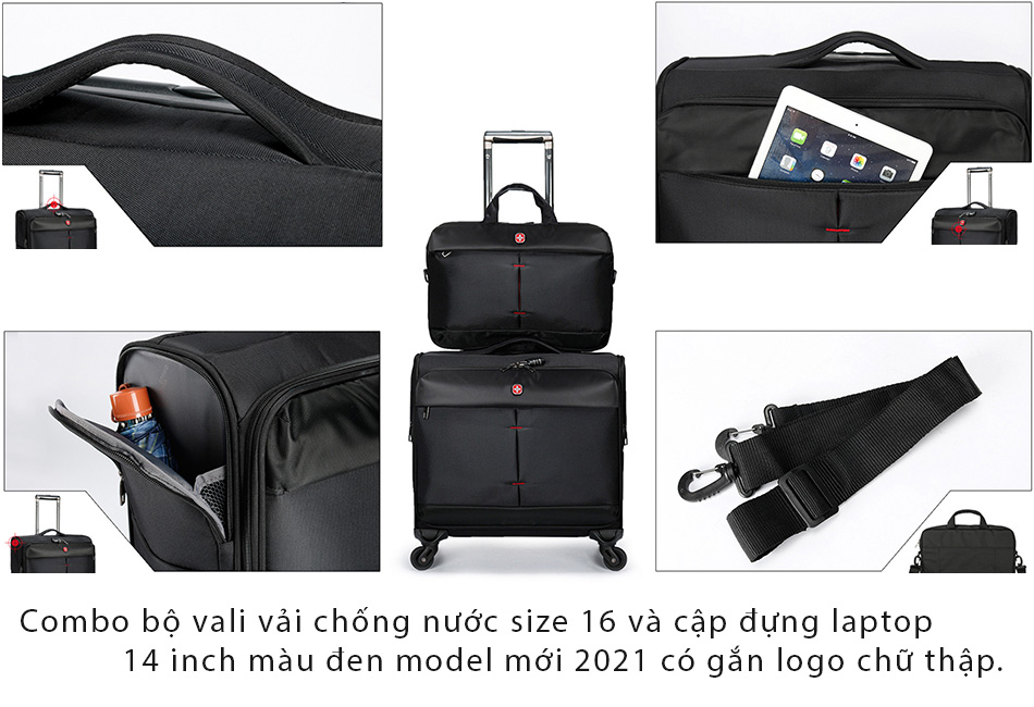 Combo bộ vali vải chống nước size 16 và cặp đựng laptop 14 inch mảu đen TT554