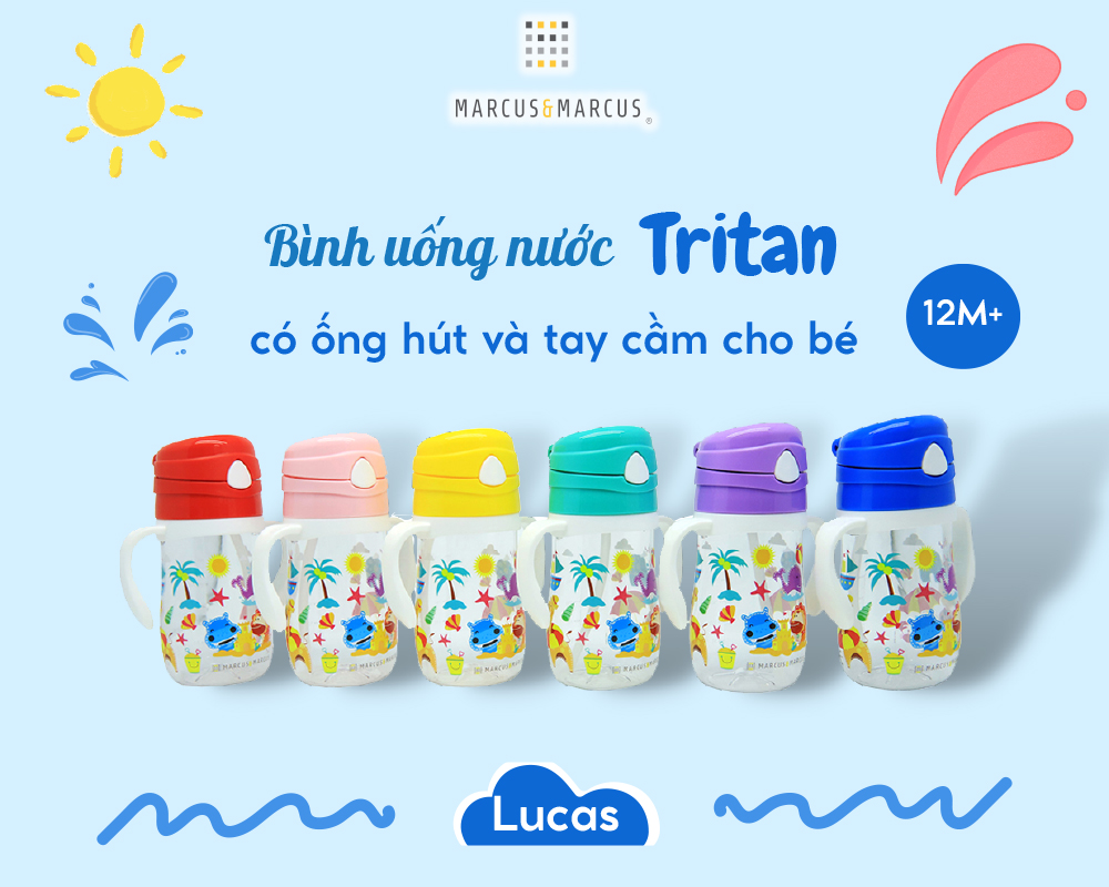 Bình uống nước có ống hút cho bé Tritan Marcus & Marcus, từ 12 tháng - Lucas
