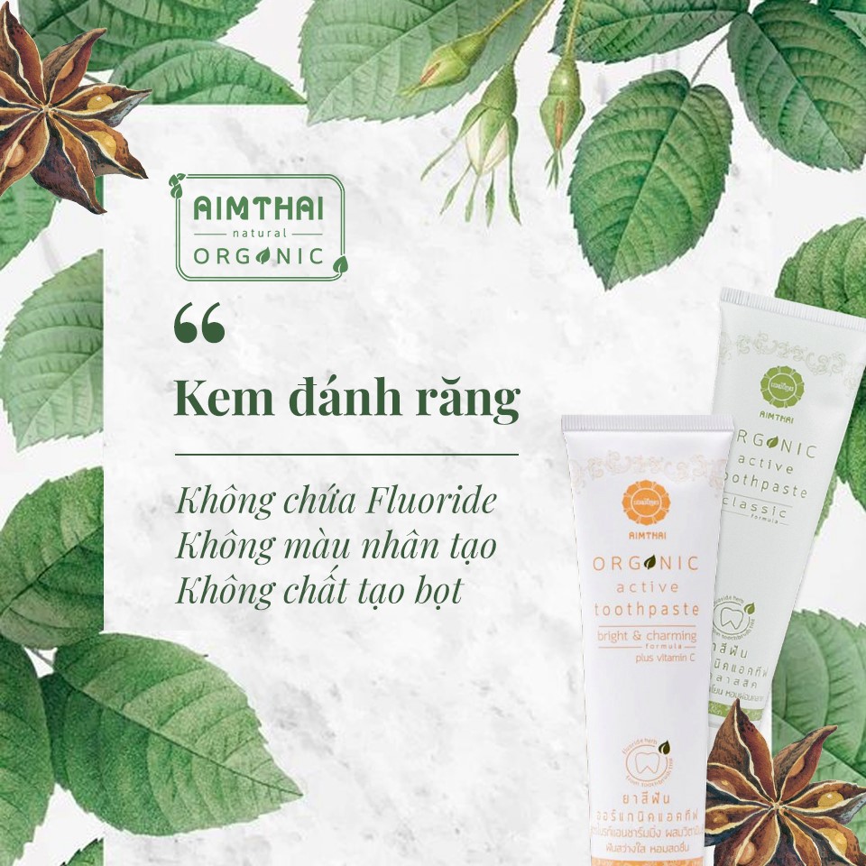 KEM ĐÁNH RĂNG THẢO DƯỢC ORGANIC AIMTHAI - CLASSIC- CHIẾT XUẤT VÀ TINH DẦU THẢO DƯỢC ORGANIC GIÚP TRẮNG RĂNG, THƠM MIỆNG, NGĂN NGỪA MẢNG BÁM 3