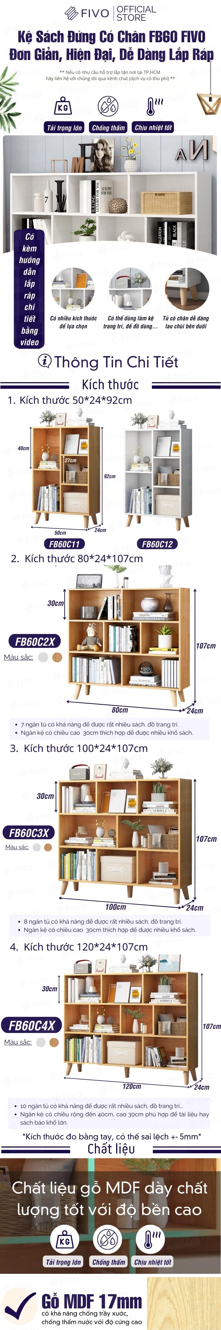 Kệ Sách Gỗ MDF FIVO FB60 (80 x 24 x 107cm) Thiết Kế Đơn Giản (Có Kèm Tấm Lưng) - Hàng Chính Hãng