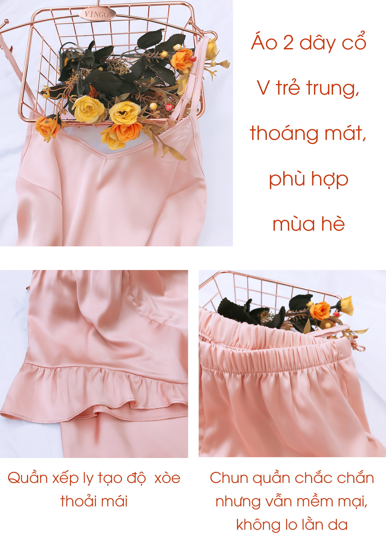 Bộ đồ ngủ nữ mặc nhà 2 dây lụa cao cấp mềm mại hàng thiết kế 4 màu hồng cam, đỏ, xanh ngọc, xan coban N248