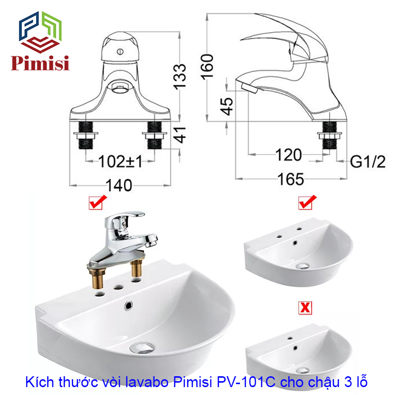 Vòi lavabo nóng lạnh Pimisi cho chậu rửa mặt 3 lỗ (2 chân) bằng đồng thau - mạ crom, niken sáng bóng dùng trong nhà tắm - điều chỉnh nước bằng gật gù nóng lạnh gắn trên bồn chậu rửa mặt treo tường đầy đủ phụ kiện xi phông và dây cấp nước | Hàng chính hãng