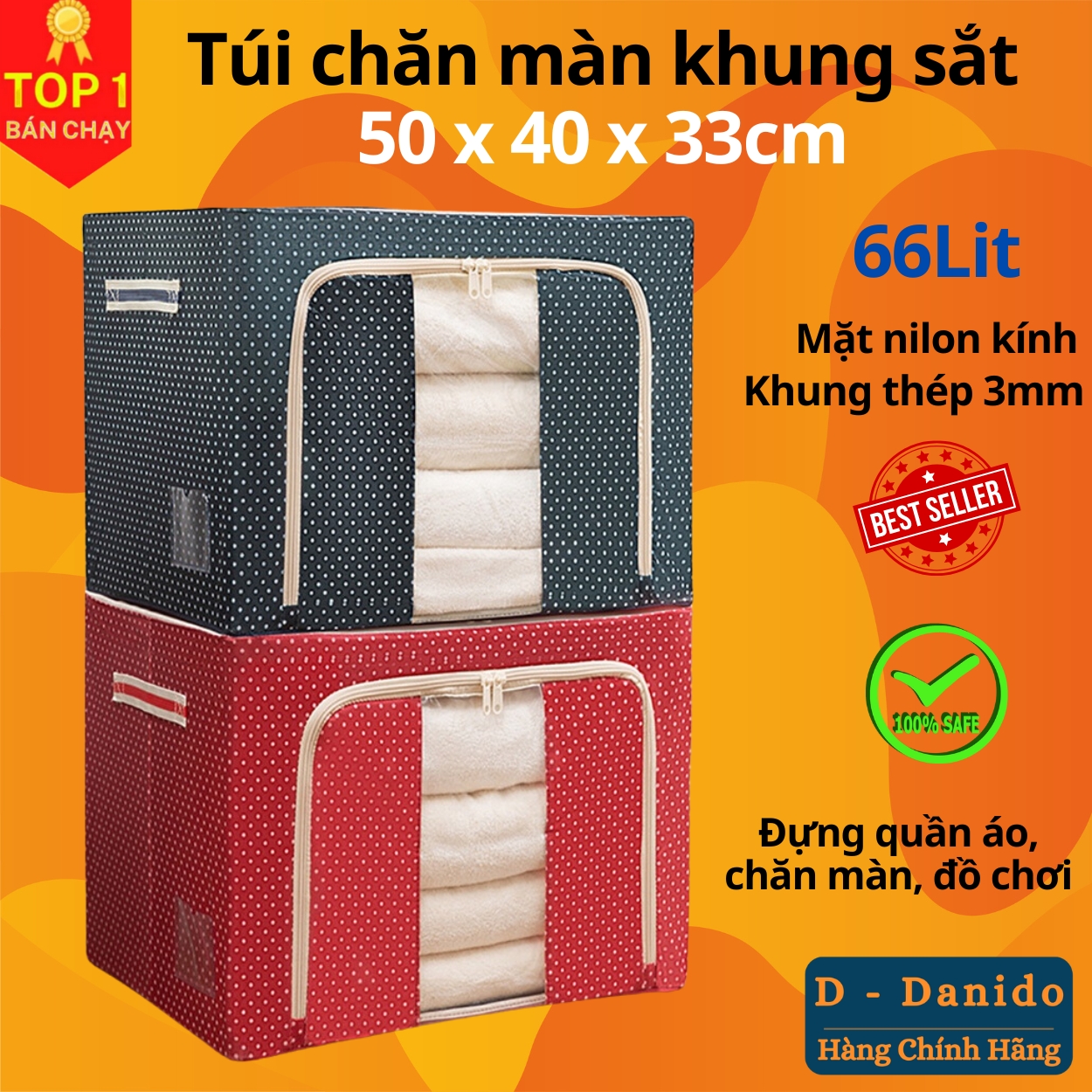 Túi vải đựng quần áo chăn màn khung sắt gấp gọn cỡ đại 66L - Túi vải đựng đồ đa năng chống thấm nhiều mẫu mã, họa tiết cao cấp - Hàng chính hãng D Danido
