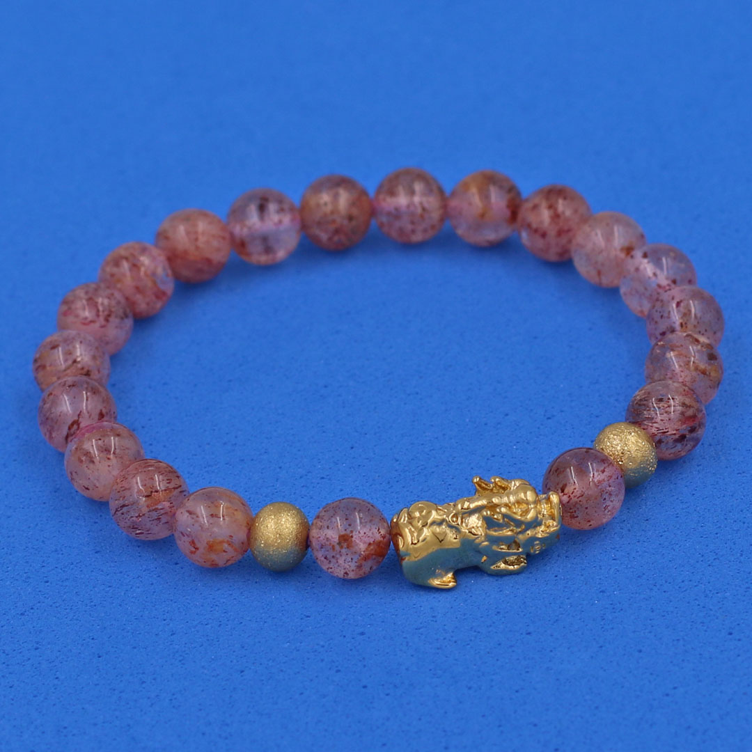 Vòng tay Thạch Anh Dâu Tây 6 ly cẩn Tỳ Hưu inox vàng VTADTTHHBV6 - hợp mệnh Hỏa, mệnh Thổ