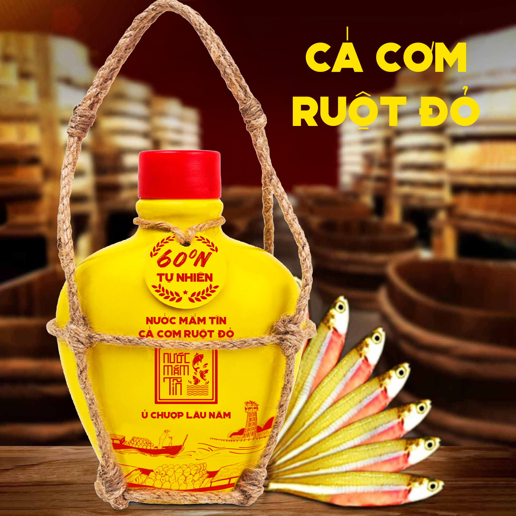Đặc Sản Phan Thiết - Set 1 Giỏ Quà Đậm Đà Tình Thân Nước Mắm Tôm Biển Bình Gốm Đỏ 60N Và Cá Cơm Ruột Đỏ Bình Gốm Vàng 60N