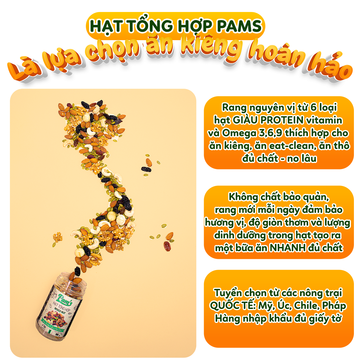 Hạt Dinh Dưỡng Tổng Hợp Mix 6 Loại Macca, Hạnh Nhân, Hạt Điều, Nhân Hạt Óc Chó, Hạt Bí, Nho Úc Pams