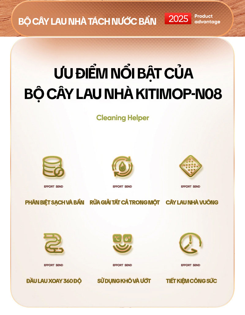 Bộ Cây Lau Nhà Tách Nước Bẩn KITIMOP N08 PRO, Thùng Lau Nhà Tự Vắt Thông Minh, Chổi Lau Nhà 360 Độ, Lau Sàn Làm Sạch