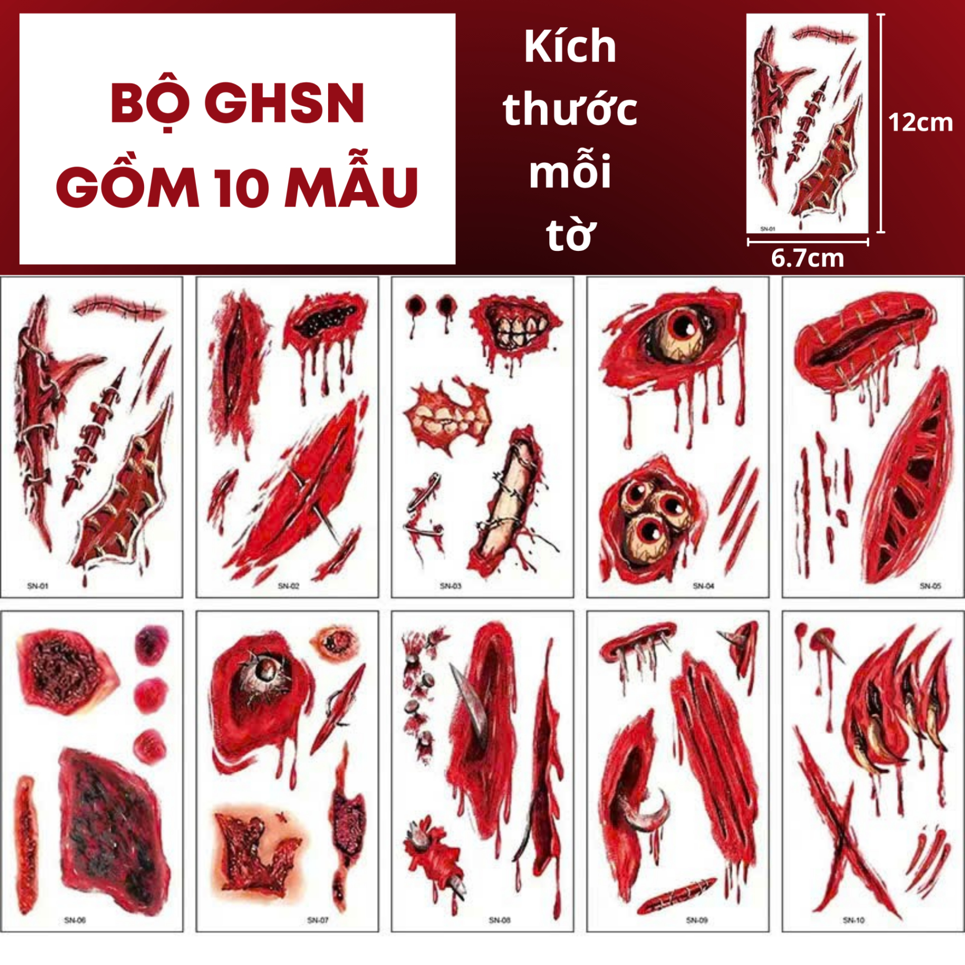 Miếng dán hình xăm kinh dị hóa trang Halloween vết sẹo xước máu giả vết khâu chảy máu vết thương Legaxi