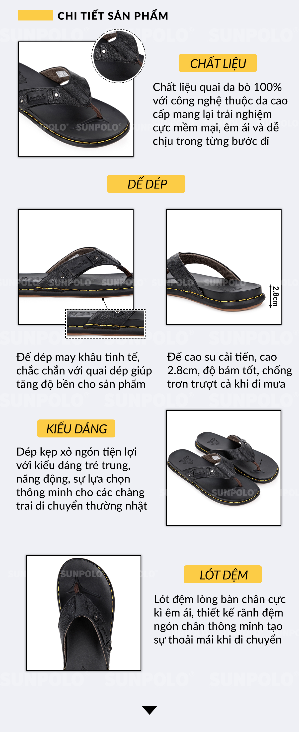 Dép Kẹp Xỏ Ngón Nam Da Bò SUNPOLO KEP204 - Thông tin chi tiết