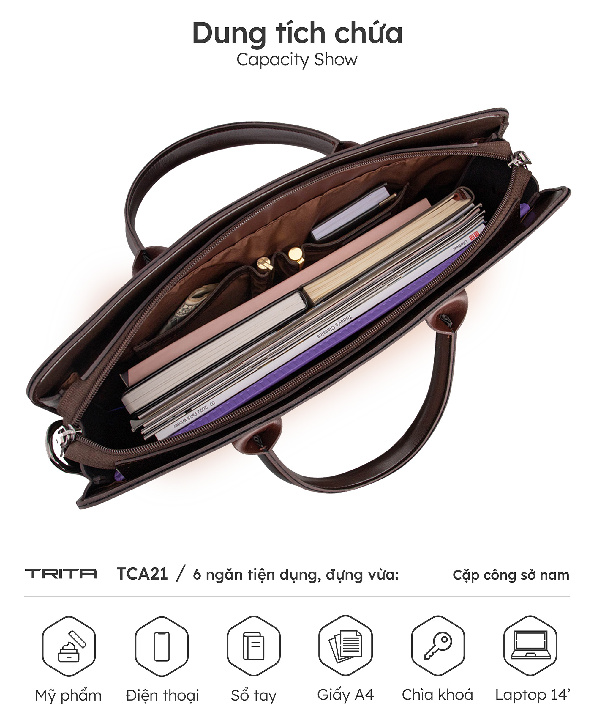 Cặp công sở Trita ( Thời trang nam đựng vừa laptop 13.3 inch - Cặp da TCA21 )