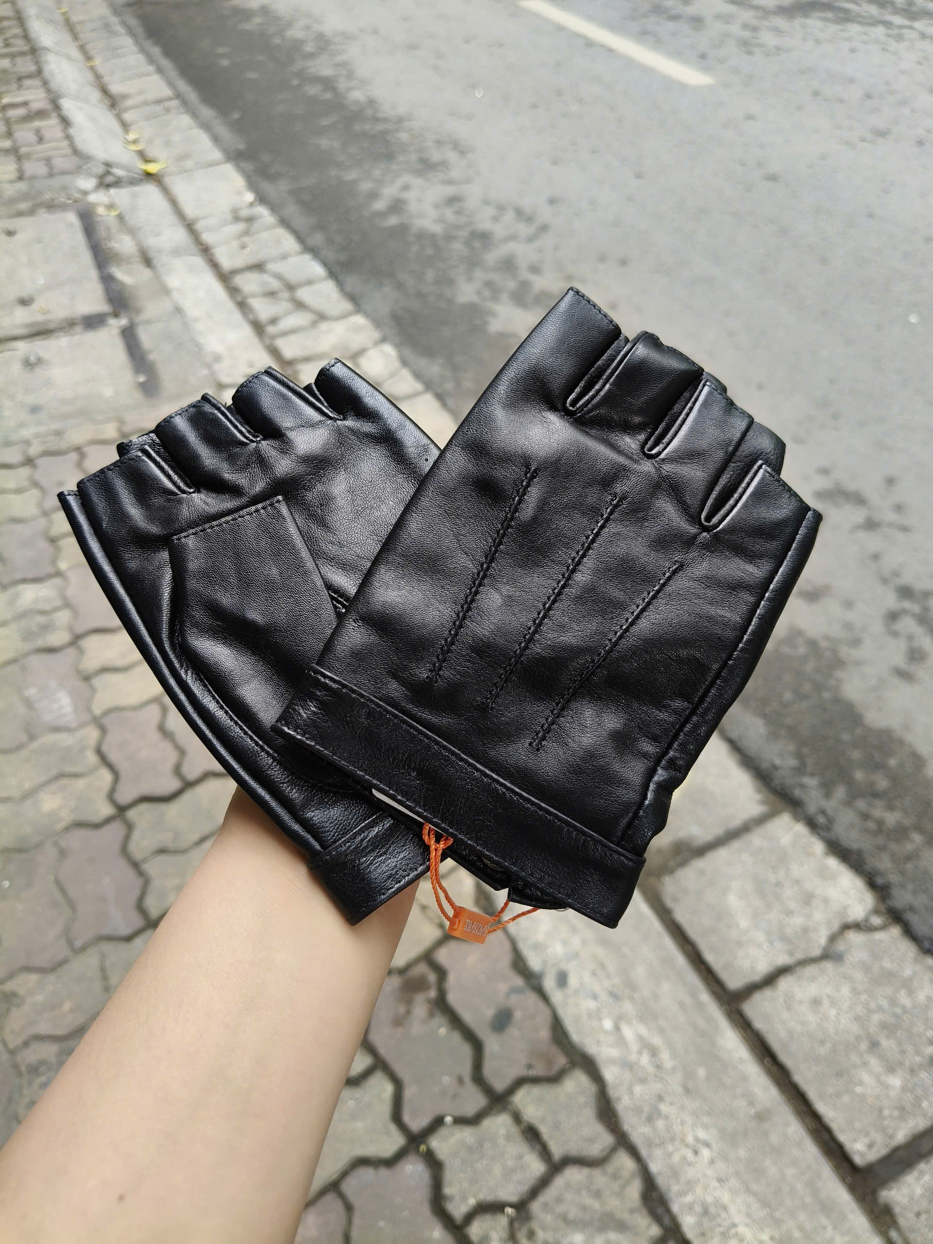 Găng tay nam hở ngón BHY5293 Găng tay phượt, da cừu thật. thoái mái lái xe.