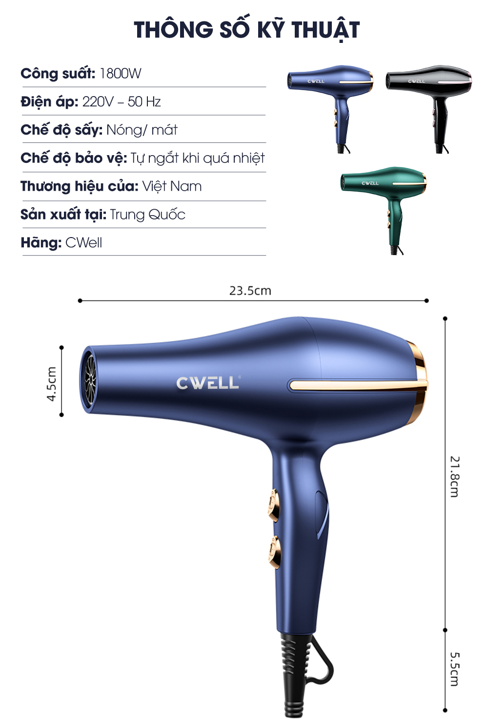 Máy sấy tóc CWELL công suất lớn 1800W-2500W C03HD, 6 chế độ tùy chỉnh nóng/lạnh, thiết kế chuẩn Salon