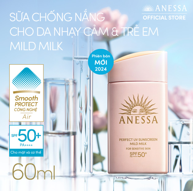 Kem chống nắng dạng sữa dịu nhẹ cho da nhạy cảm và trẻ em Anessa Perfect UV Sunscreen Mild Milk For Sensitive Skin SPF 50+ PA++++ 60ml