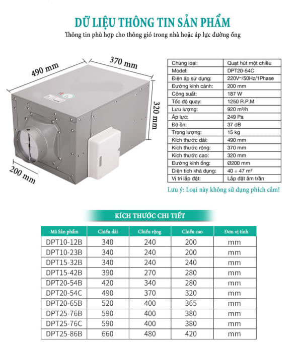 Quạt thông gió nối ống siêu âm Nedfon DPT 20-54C