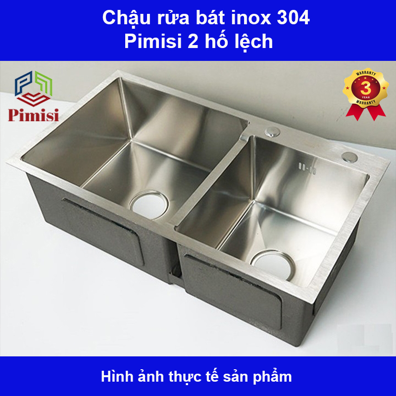 Chậu rửa bát inox 304 Pimisi 2 hố lệch hình chụp thực tế