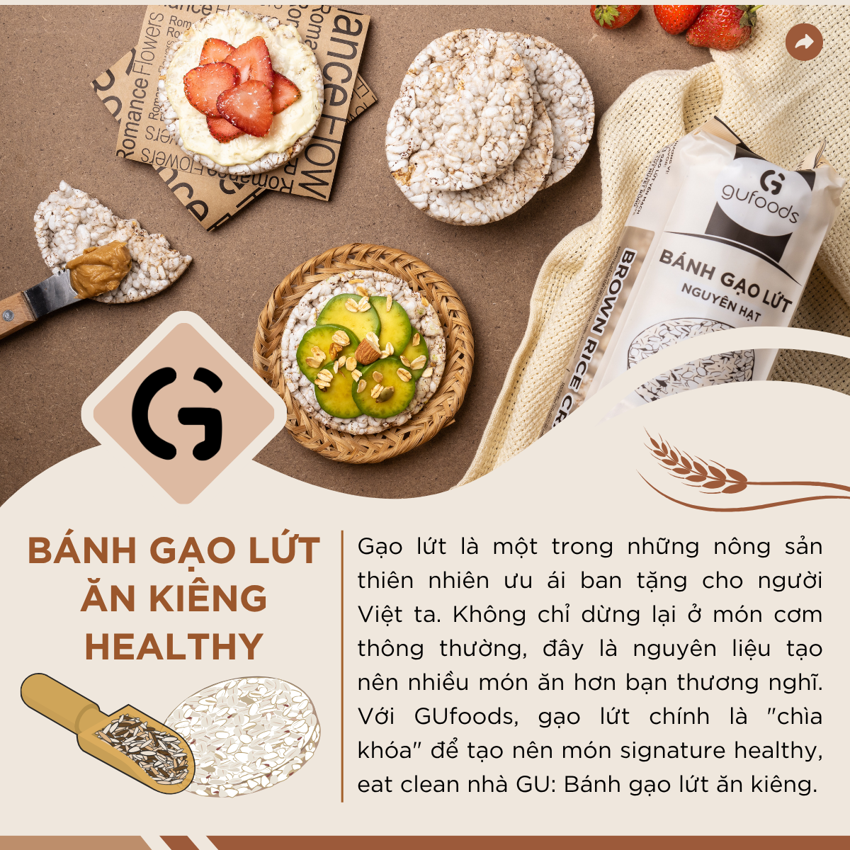 Bánh gạo lứt GUfoods - Không chiên dầu, Không đường, Từ gạo và ngũ cốc nguyên hạt, Lành mạnh, Phù hợp Eat clean, Ăn vặt healthy, Thực dưỡng, Tập gym, Thuần chay, Đa dạng hương vị (túi 300g = 30 bánh)