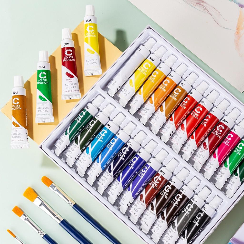 Màu nước Gouache dạng tuýp 12ml Deli 5/12/24 màu-Tặng kèm pallete gỗ 12 cọ