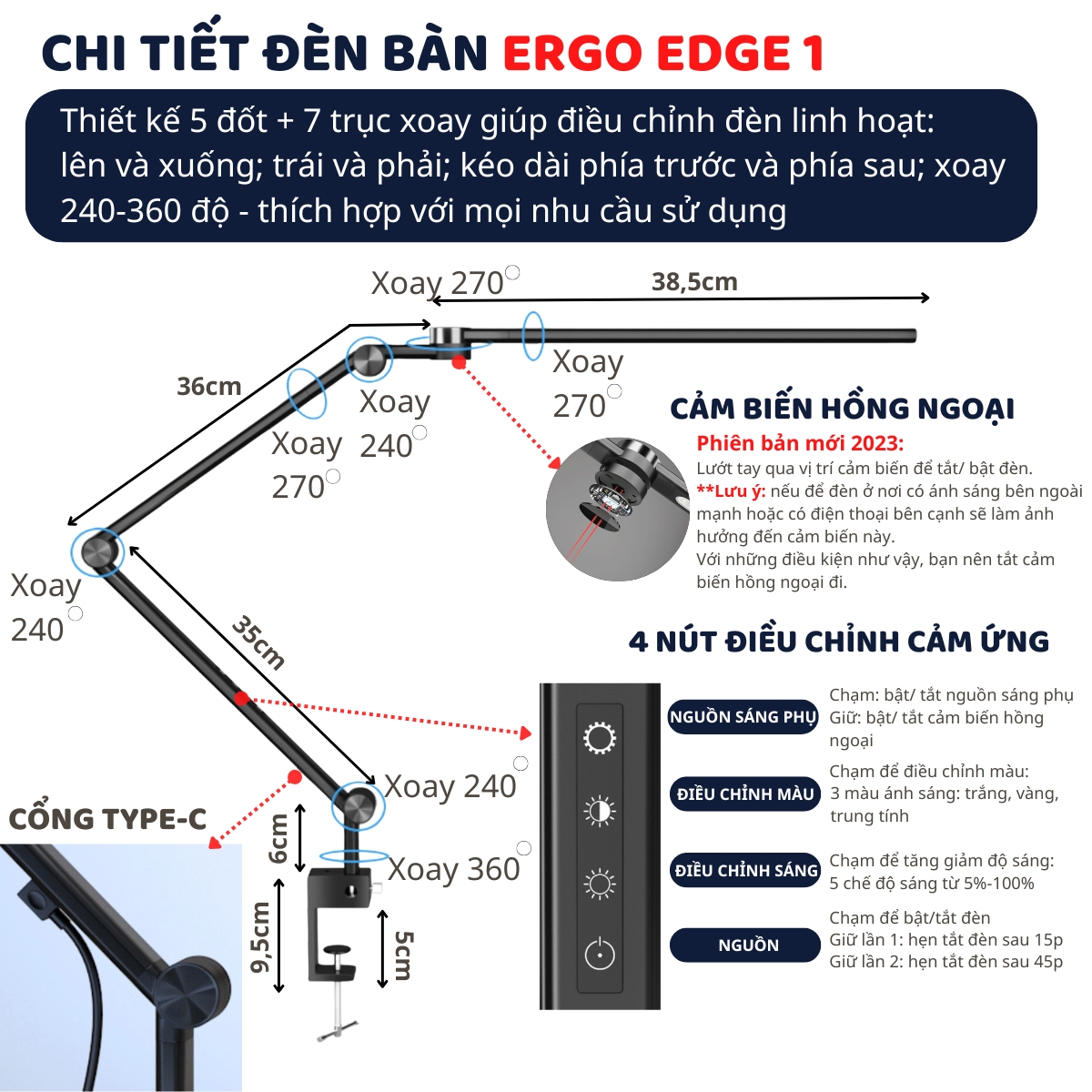 Đèn bàn học bảo vệ mắt DandiHome Ergo Edge chống cận để làm việc, học tập có thể kéo dài và gấp gọn - 3 phiên bản
