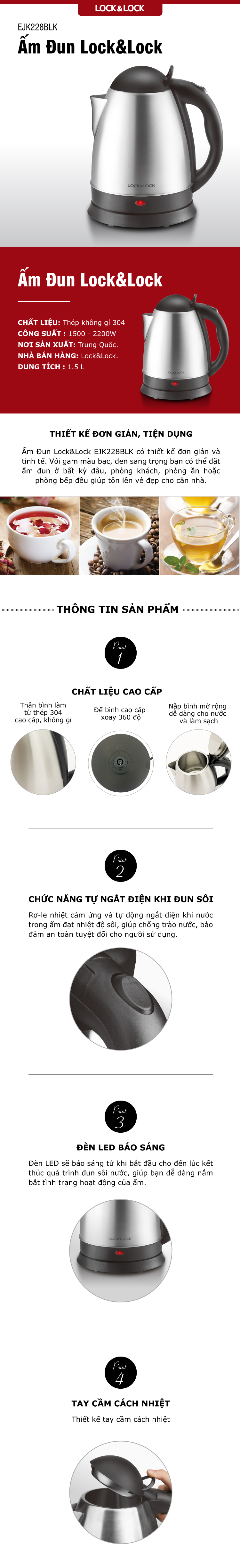 Ấm Đun Lock&Lock EJK228BLK (1.5L) - Đen - Hàng chính hãng