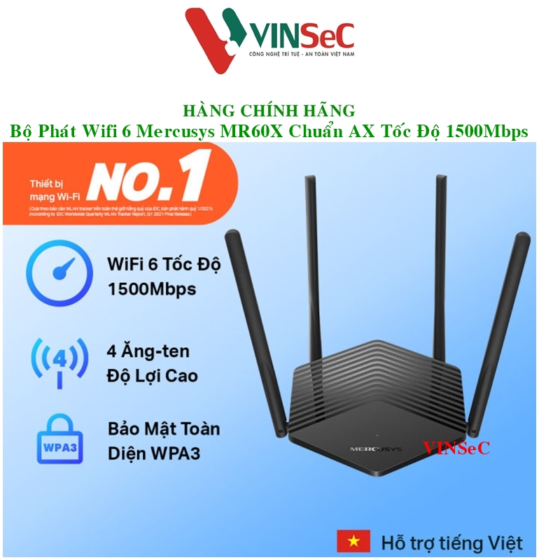 Bộ Phát Wifi 6 Mercusys MR60X Chuẩn AX Tốc Độ 1500Mbps - Hàng Chính Hãng