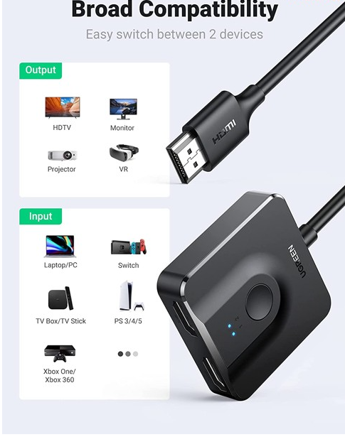 Ugreen 70607 4K 30Hz 2 Way Hdmi Bidirectional Switch Splitter with Cable CM311  Hàng chính Hãng