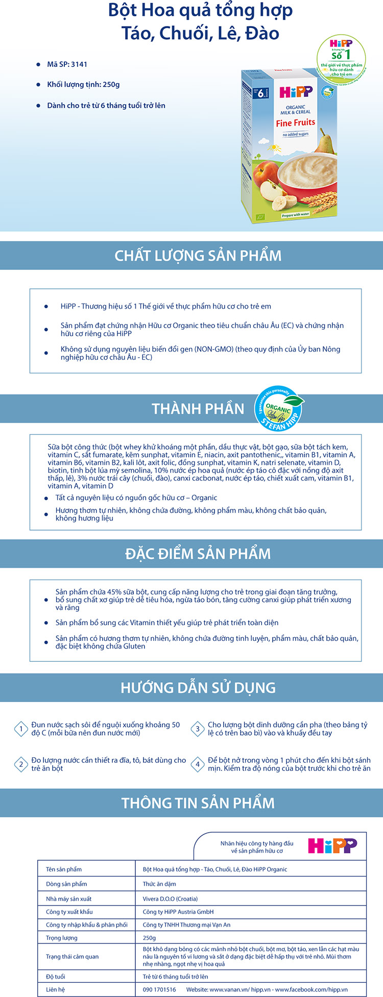 Combo 2 Bột Dinh Dưỡng Sữa Ngũ Cốc Hoa Quả Tổng Hợp - Mận Tây HiPP 250g - 2918 & Bột Dinh Dưỡng Hoa Quả Tổng Hợp (Táo, Chuối, Lê, Mơ) HiPP 250g - 3141 Tặng Kèm 1 Yếm Ăn Dặm HiPP